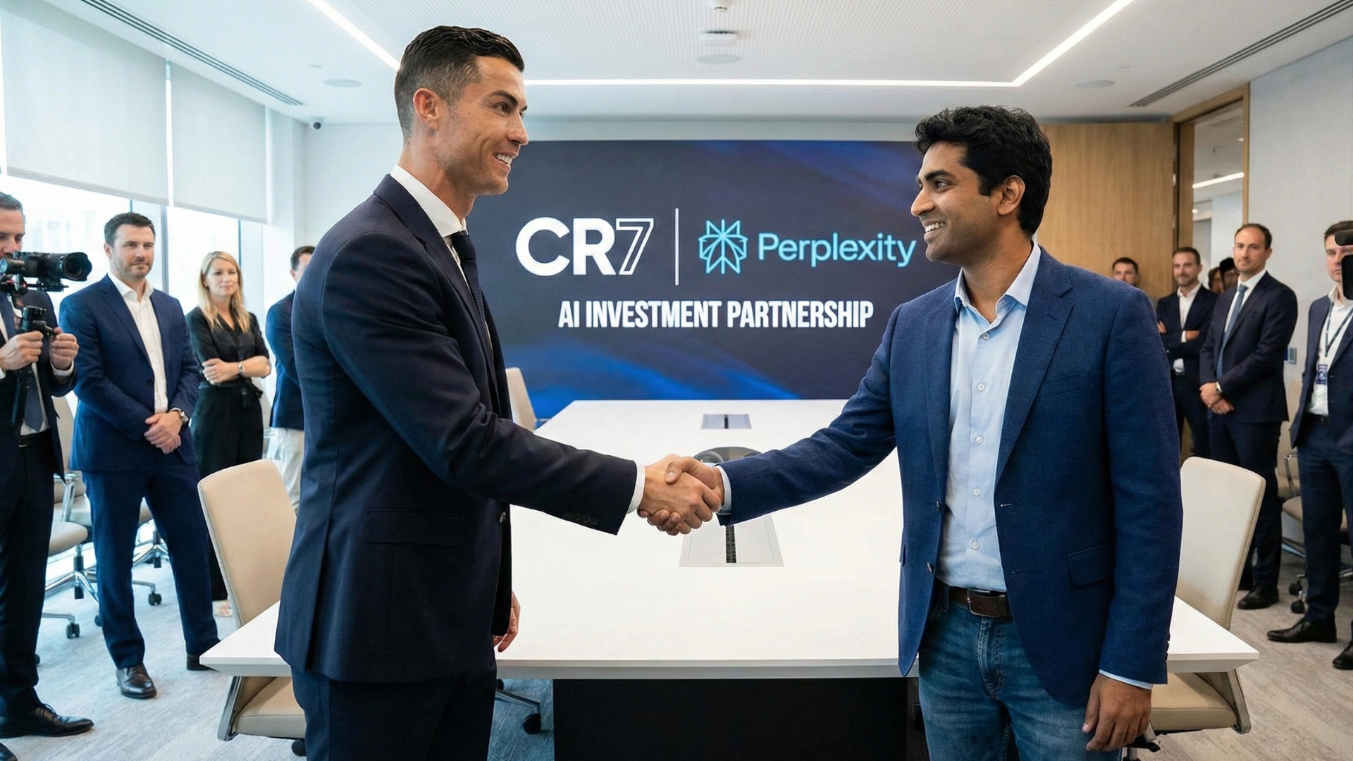 Cristiano Ronaldo shaking hands with Perplexity AI CEO Aravind Srinivas announcing AI investment partnership