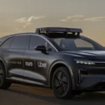 Comparison of Tesla Cybercab, Waymo robotaxi, and Uber app interface representing the autonomous vehicle market leaders. Robotaxi Revolution