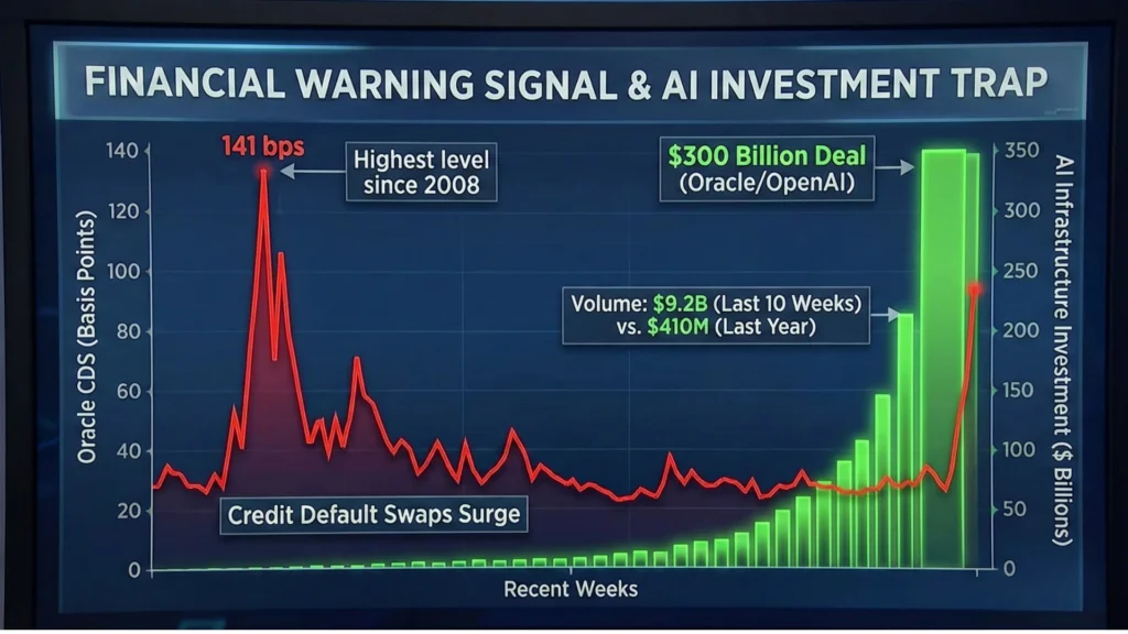 The $300 Billion Trap' analyzing the financial risks of the Oracle and OpenAI infrastructure deal. The text details a warning signal from Oracle's surging Credit Default Swaps (CDS), the circular capital loop involving Nvidia and SoftBank, and the potential for a liquidity crisis if generative AI ROI does not materialize by 2027. IPO bubble