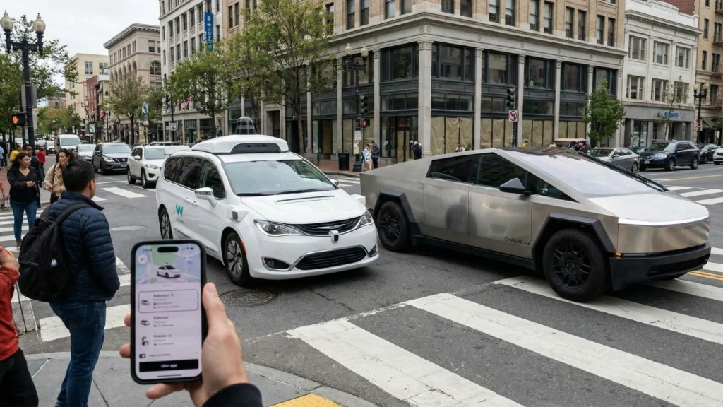 Comparison of Tesla Cybercab, Waymo robotaxi, and Uber app interface representing the autonomous vehicle market leaders. the Robotaxi war, Robotaxi Revolution