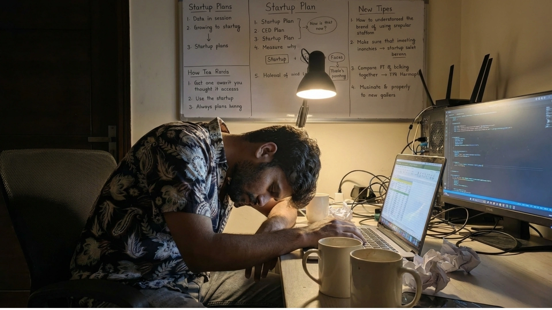 A tired but focused startup founder working late at night, representing the reality of entrepreneurship & startup.